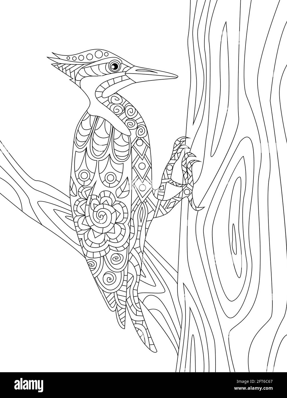 Tropische Vögel Doodles Auf Bäumen, Handzeichnung Pelikan, Linienbild Flamingo, Baum-Vektor-Illustration, Wild Life Line Design, Outline Forest Design Stock Vektor