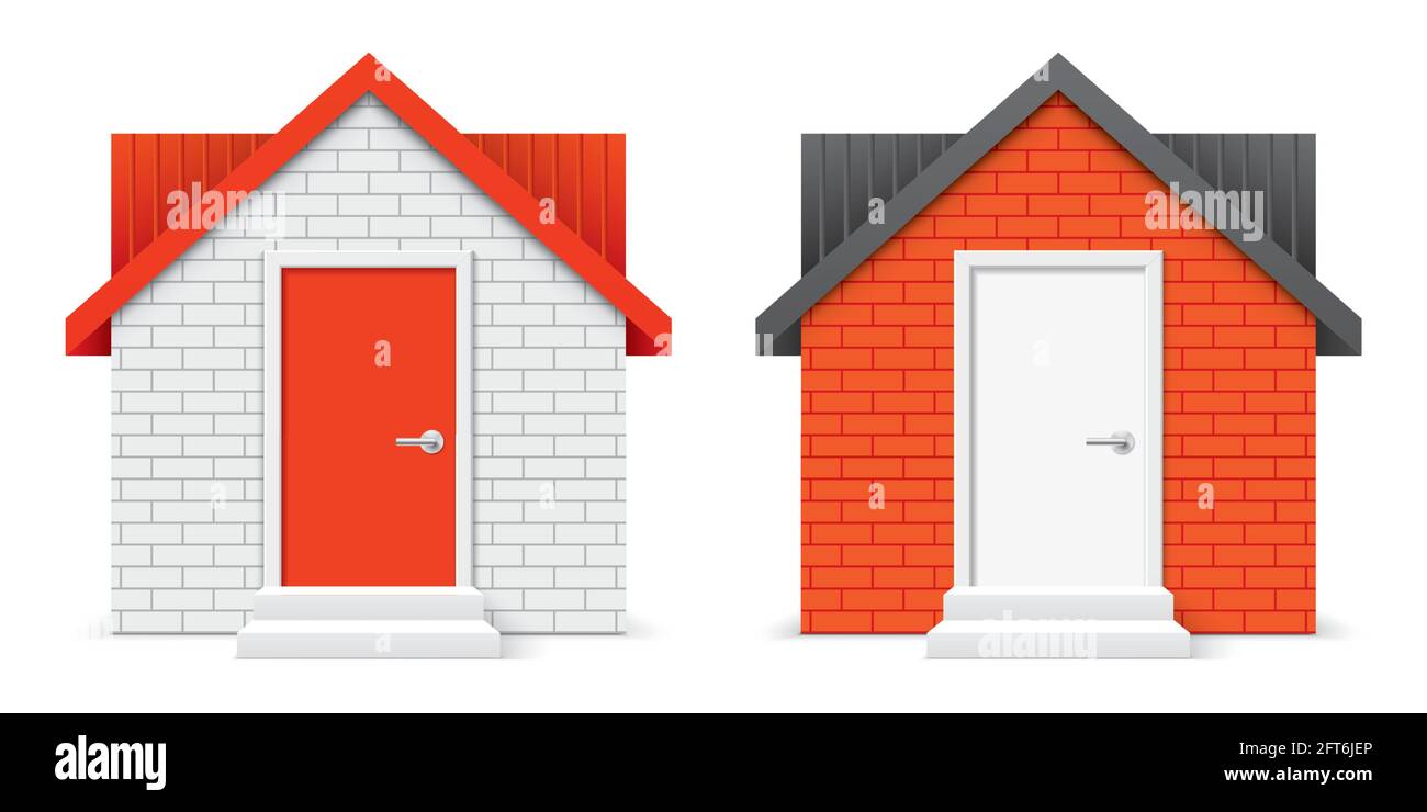 Home 3D-Symbol auf dem Hintergrund isoliert. Weiße und orange Farbe Ziegelhaus Vektor-Illustration. Stock Vektor