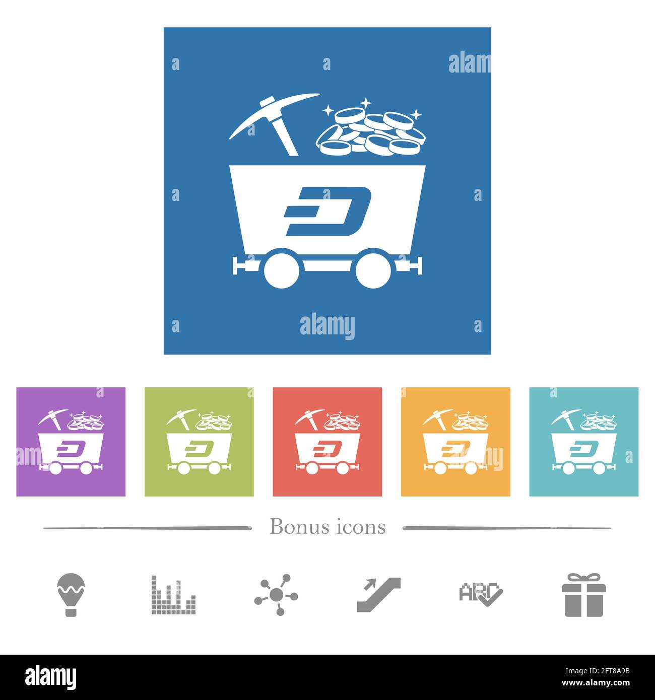 Dash Kryptowährung Mining mit Schatz flach weißen Symbolen in quadratischen Hintergründen. 6 Bonus-Symbole enthalten. Stock Vektor