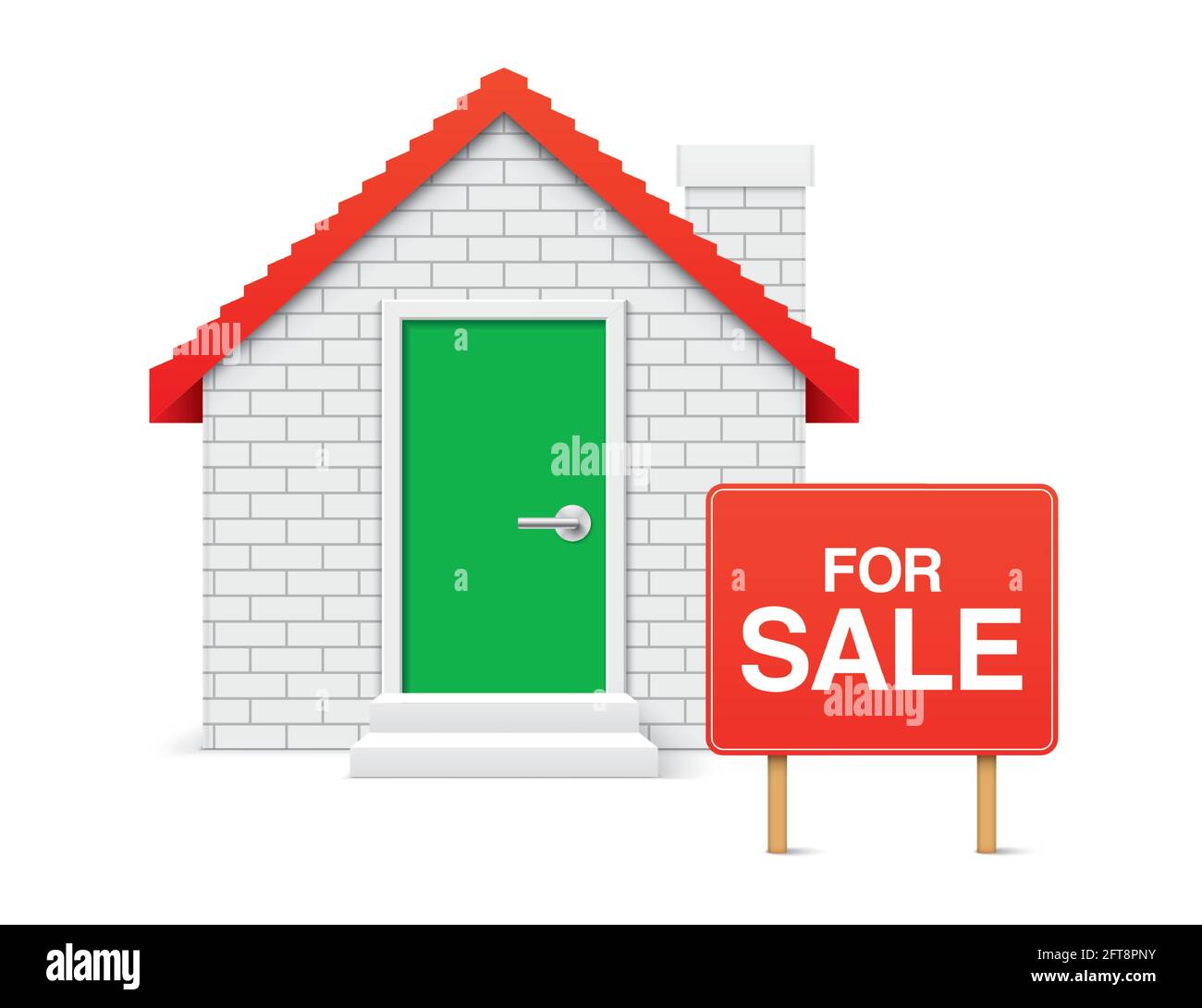 Ziegelhaus mit ZUM VERKAUF Banner, isoliert auf weißem Hintergrund. 3D-Vektorsymbol für Immobilienhandel. Stock Vektor