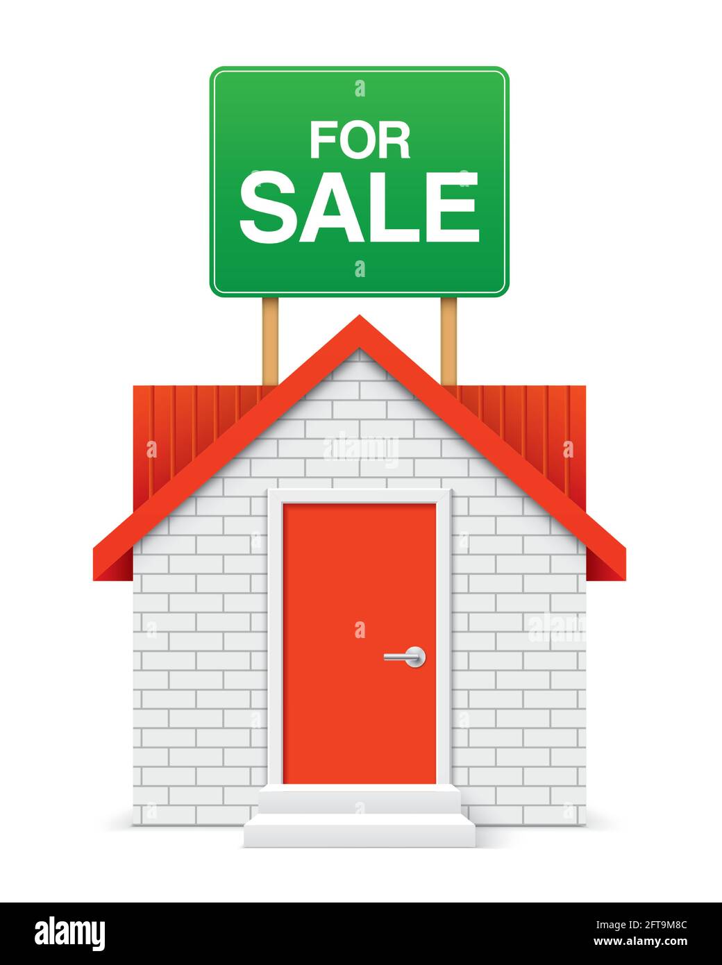 Ziegelhaus mit ZUM VERKAUF Banner, isoliert auf weißem Hintergrund. 3D-Vektorsymbol für Immobilienhandel. Stock Vektor