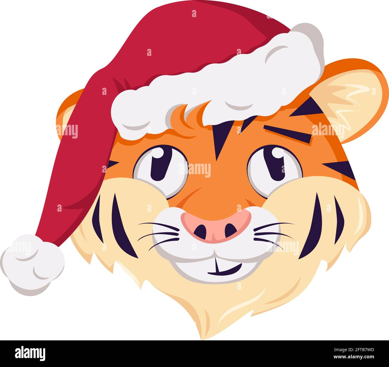 Niedliche lustige oder lächelnde Tiger-Charakter, simbol des neuen Jahres in einer roten Weihnachtsmütze. Wilde Tiere Afrikas, mit nachdenklichen Emotionen konfrontiert Stock Vektor