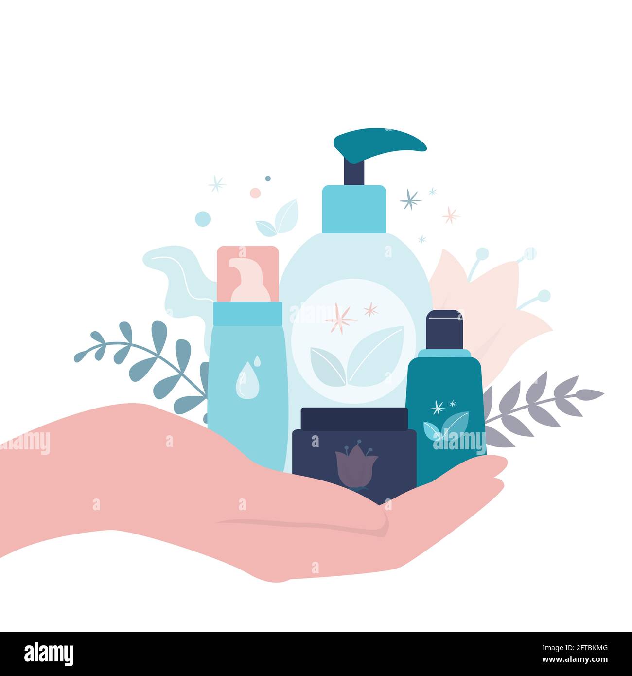 Verschiedene Flaschen, Röhrchen und Gläser mit Bio-Kosmetik. Weibliche Hand hält verschiedene umweltfreundliche Beauty-Produkte. Natürliche Schönheitsprodukte, isoliert auf w Stock Vektor