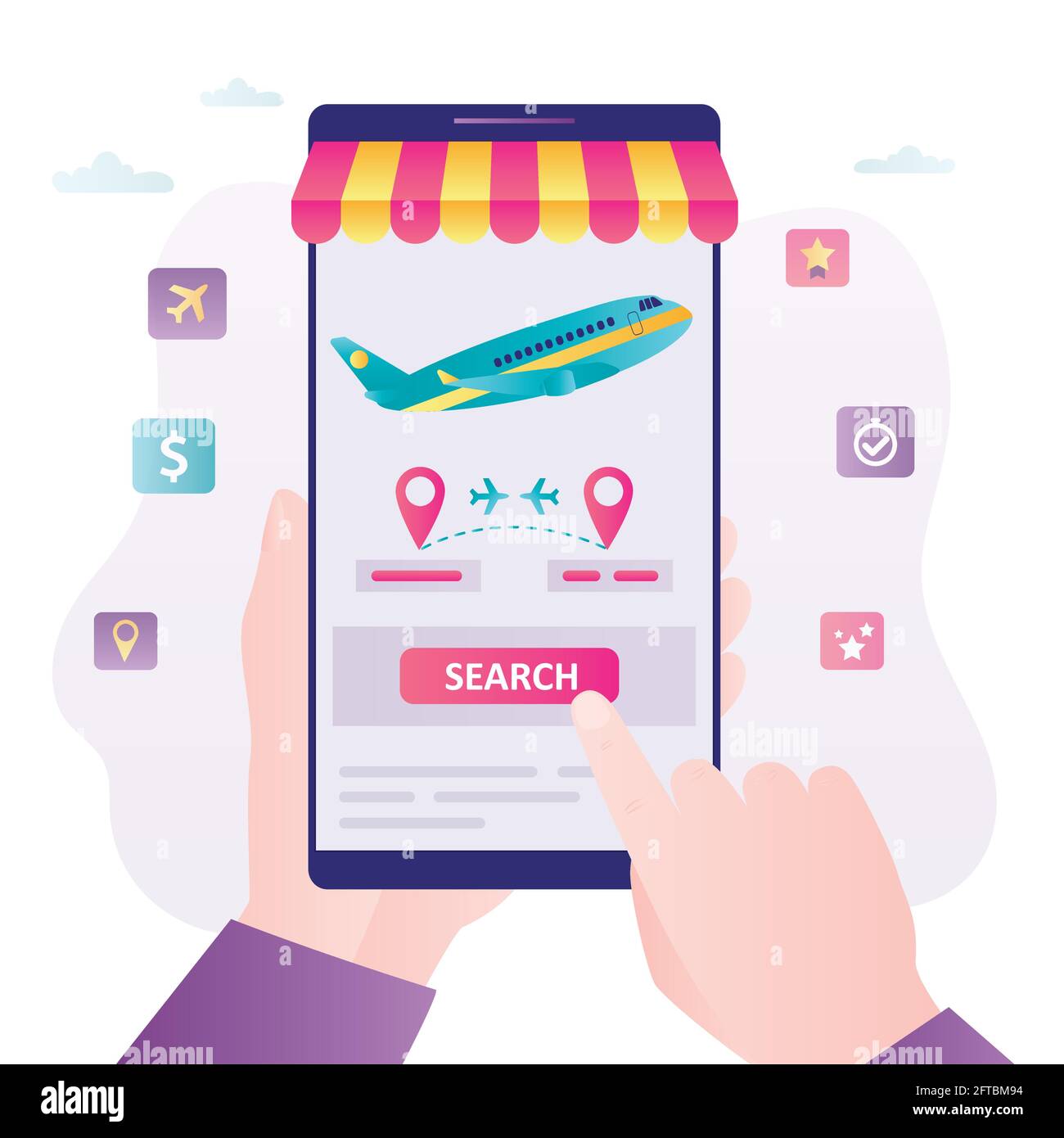 Suche nach Flugtickets auf dem Smartphone-Bildschirm. Hand hält das Telefon mit der Online-Buchung von Flugtickets bereit. Konzept für den Kauf von Tickets, Reisen und Urlaub abr Stock Vektor
