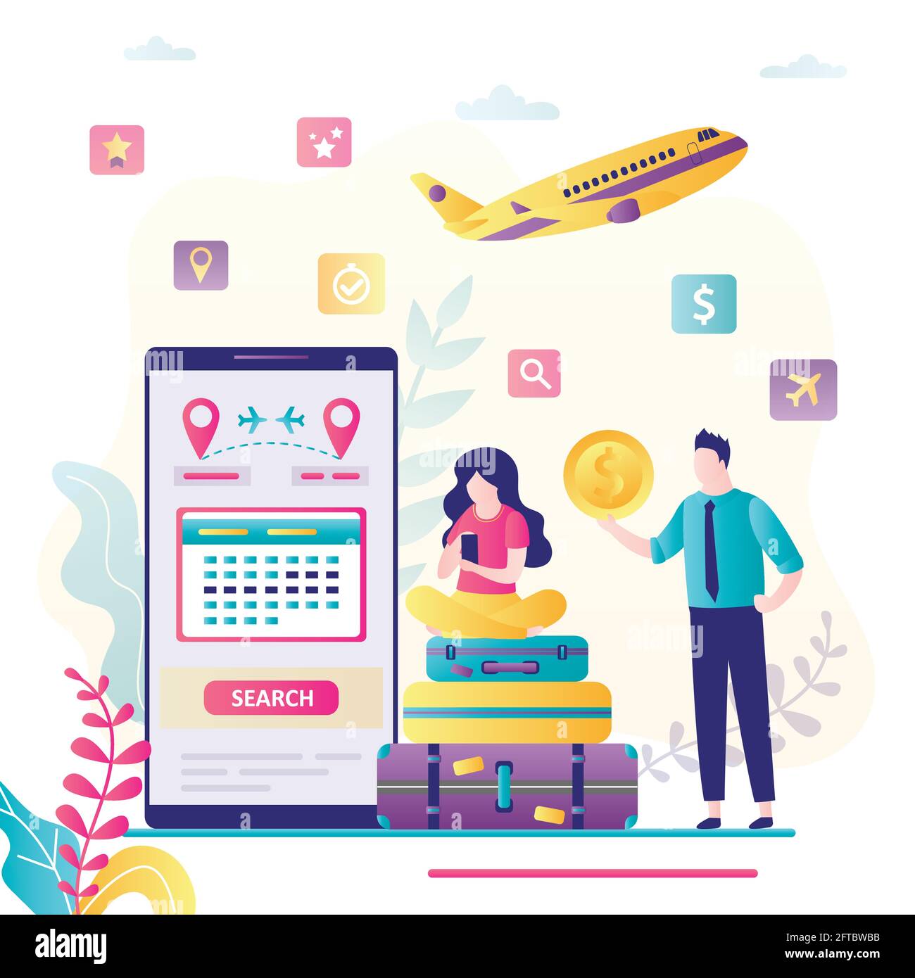 Online-Tickets für Paare. Mann und Frau kaufen Tickets über das Mobiltelefon. Männlicher Charakter hält Geld. Suchen Sie nach Flügen über das Telefon, die App auf dem Bildschirm. Stock Vektor