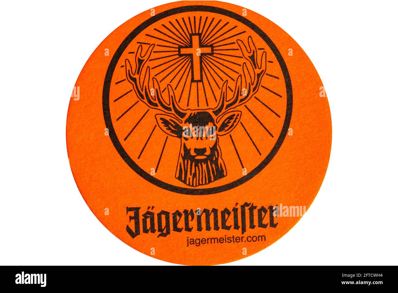 Jägermeister Biermat, auf Weiß geschnitten. Stockfoto