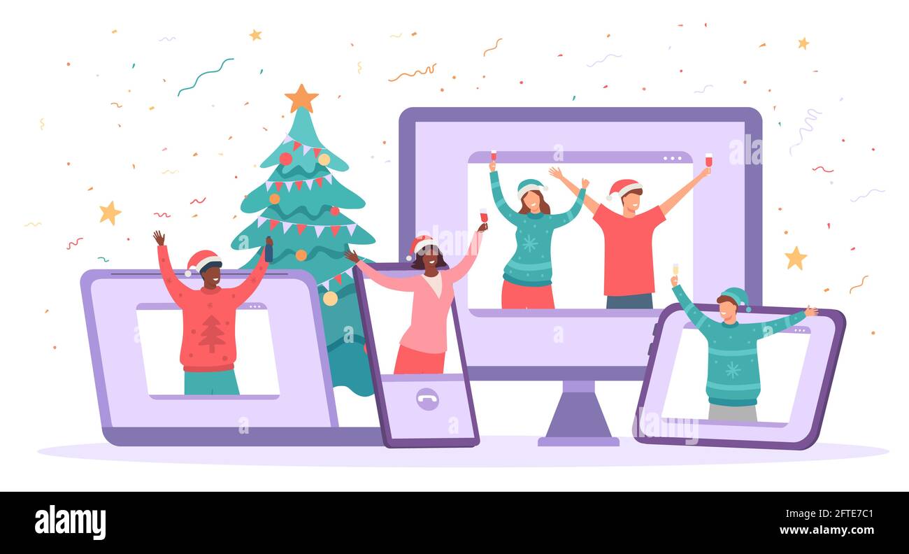 Virtuelle weihnachtsfeier. Glückliche Menschen feiern sicher das neue Jahr. Freunde Video Chat sammeln, Quarantäne Feiertag Feier Vektor-Konzept Stock Vektor