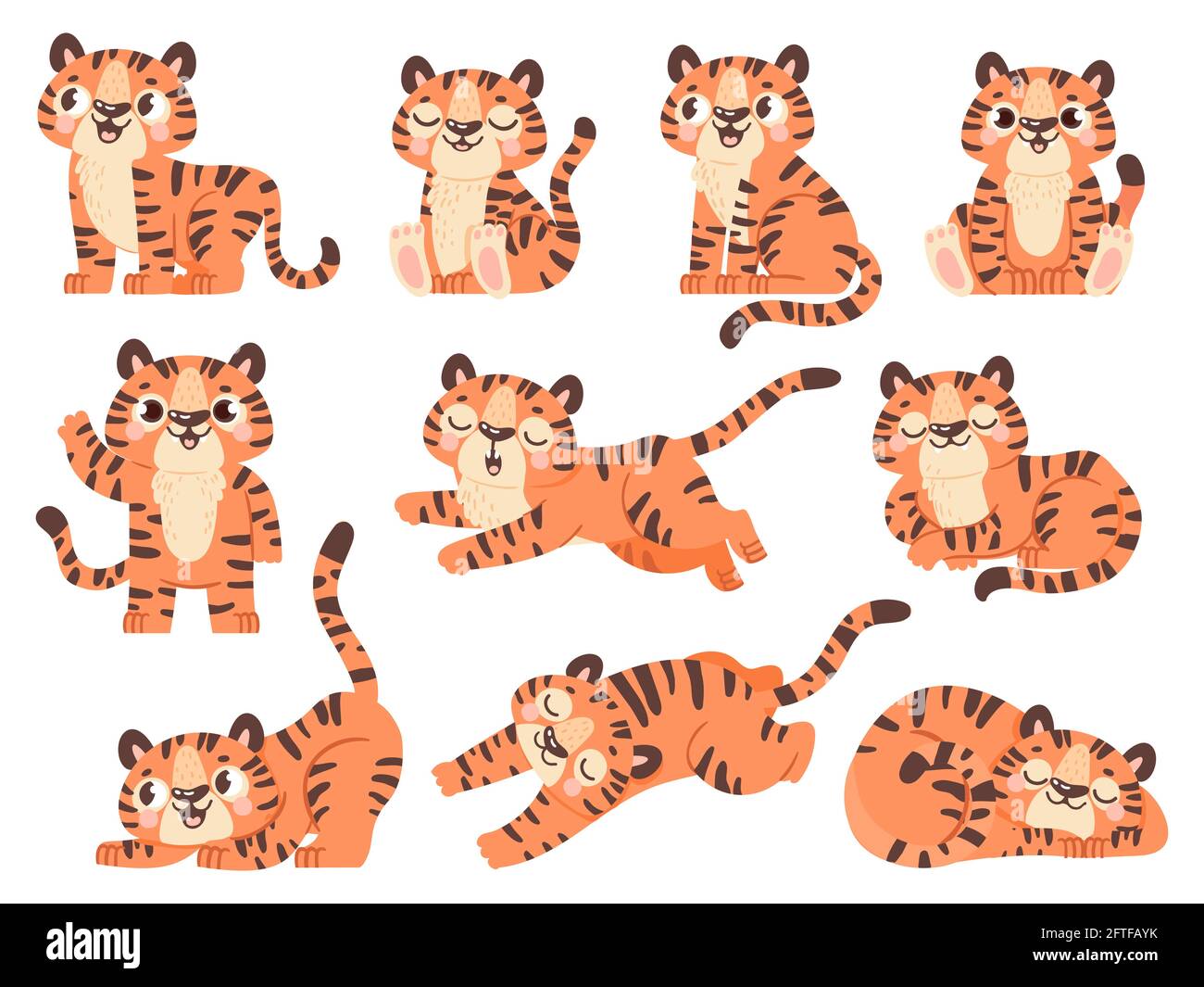 Niedliche kleine Tiger. Cartoon Dschungel Tier für Kinder Design. Tiger posiert im Schlaf, sitzt, spielt und brüllt. 2022 Zeichen-Vektor-Set für das neue Jahr Stock Vektor