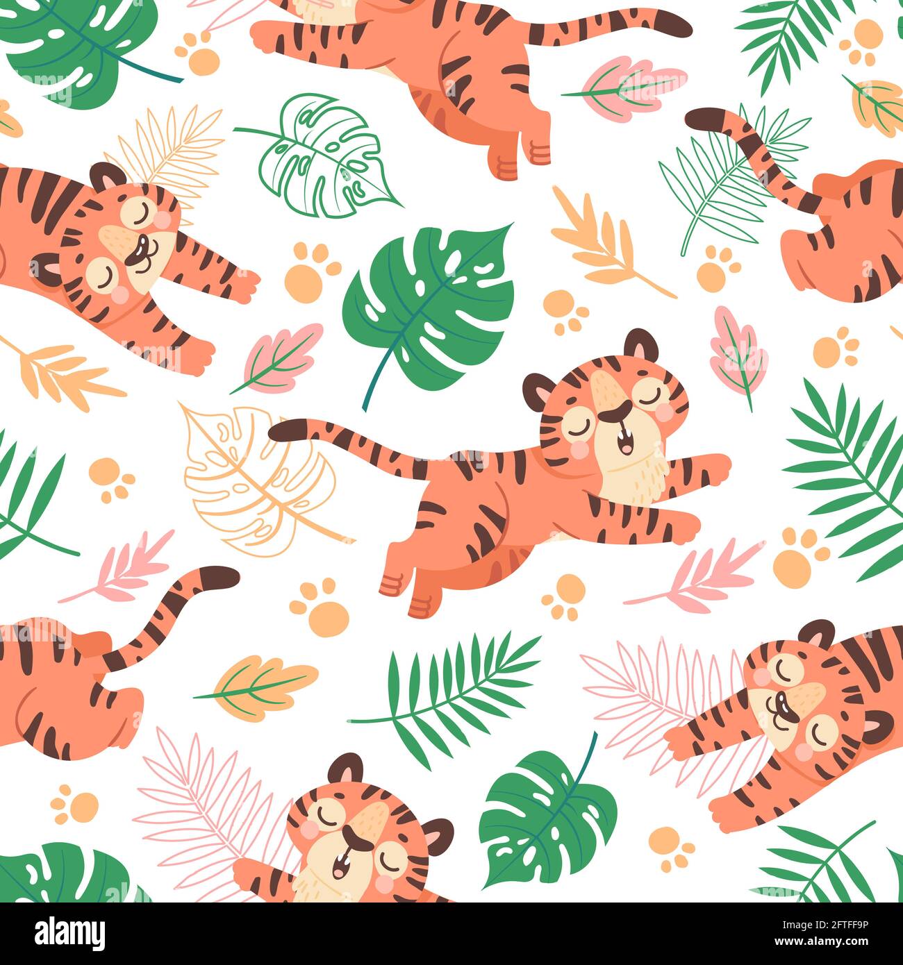Baby Tiger Nahtloses Muster. Niedliche kindliche Cartoon-Tiger, Pfotenabdrücke und tropische Blätter. Jungle Tier, Wildkatzen, Kinder Vektor-Tapete Stock Vektor