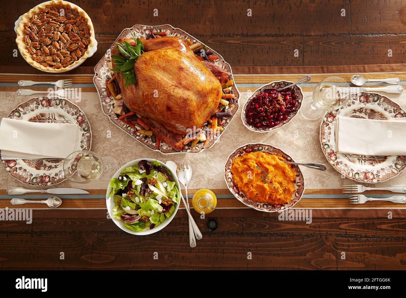 Thanksgiving-Mahlzeit von oben Stockfoto