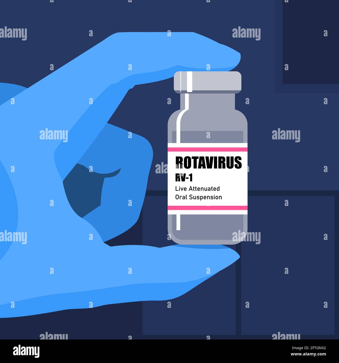 Rotavirus-Impfstoffflasche. Medizinische Wissenschaft. Flasche Medikament. Forschungskonzept der pharmazeutischen Industrie. Live abgeschwächte Virussuspension zur oralen Verabreichung. Stock Vektor