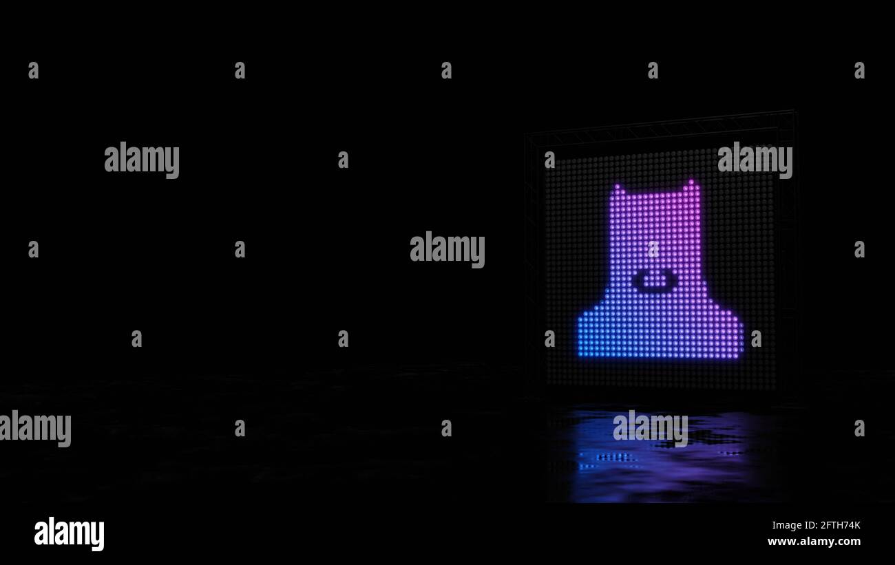 3d-Rendering-Lichtwand mit blau violetten Punkten in Form von Symbol des Superhelden batman auf schwarzem Hintergrund mit nassem Boden Reflexion Stockfoto