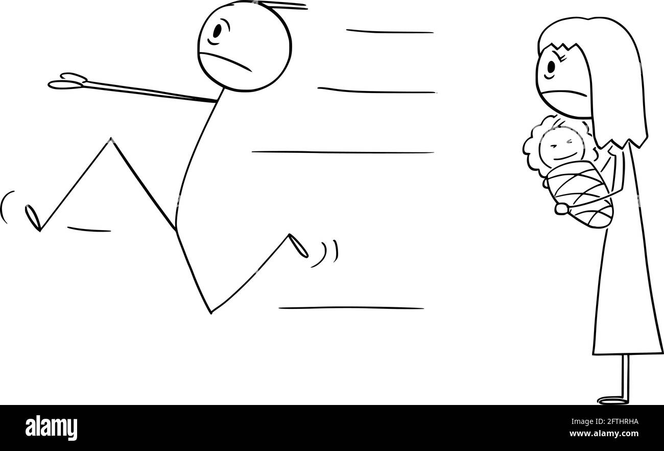 Vater des Neugeborenen Baby läuft weg von Verantwortung oder Elternschaft, Vektor Cartoon Stick Abbildung Stock Vektor
