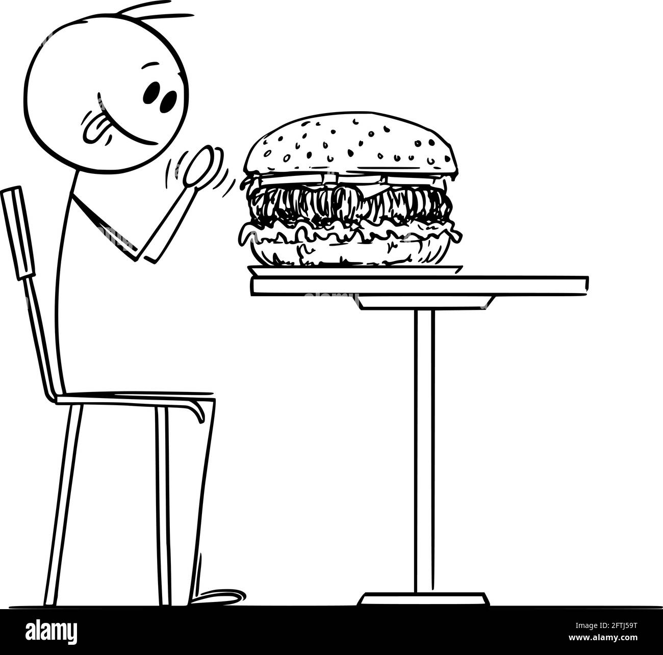 Person, die Big Burger im Fast Food Restaurant genießt, Vektorgrafik Cartoon Stick Figure Illustration Stock Vektor