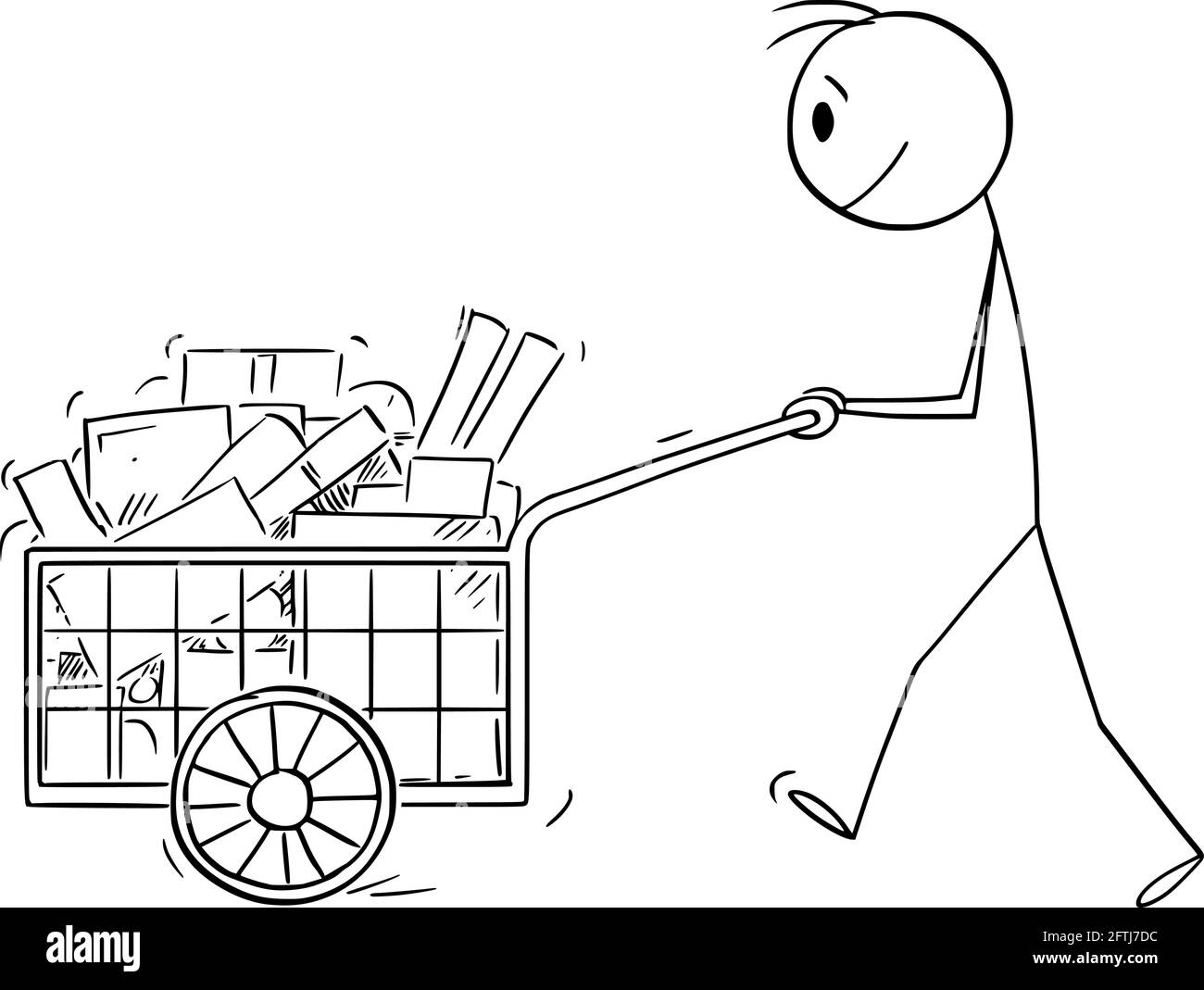 Person, die einen vollen Handwagen mit Schachteln oder Kauf schiebt, Vektor-Cartoon-Stick Abbildung Stock Vektor