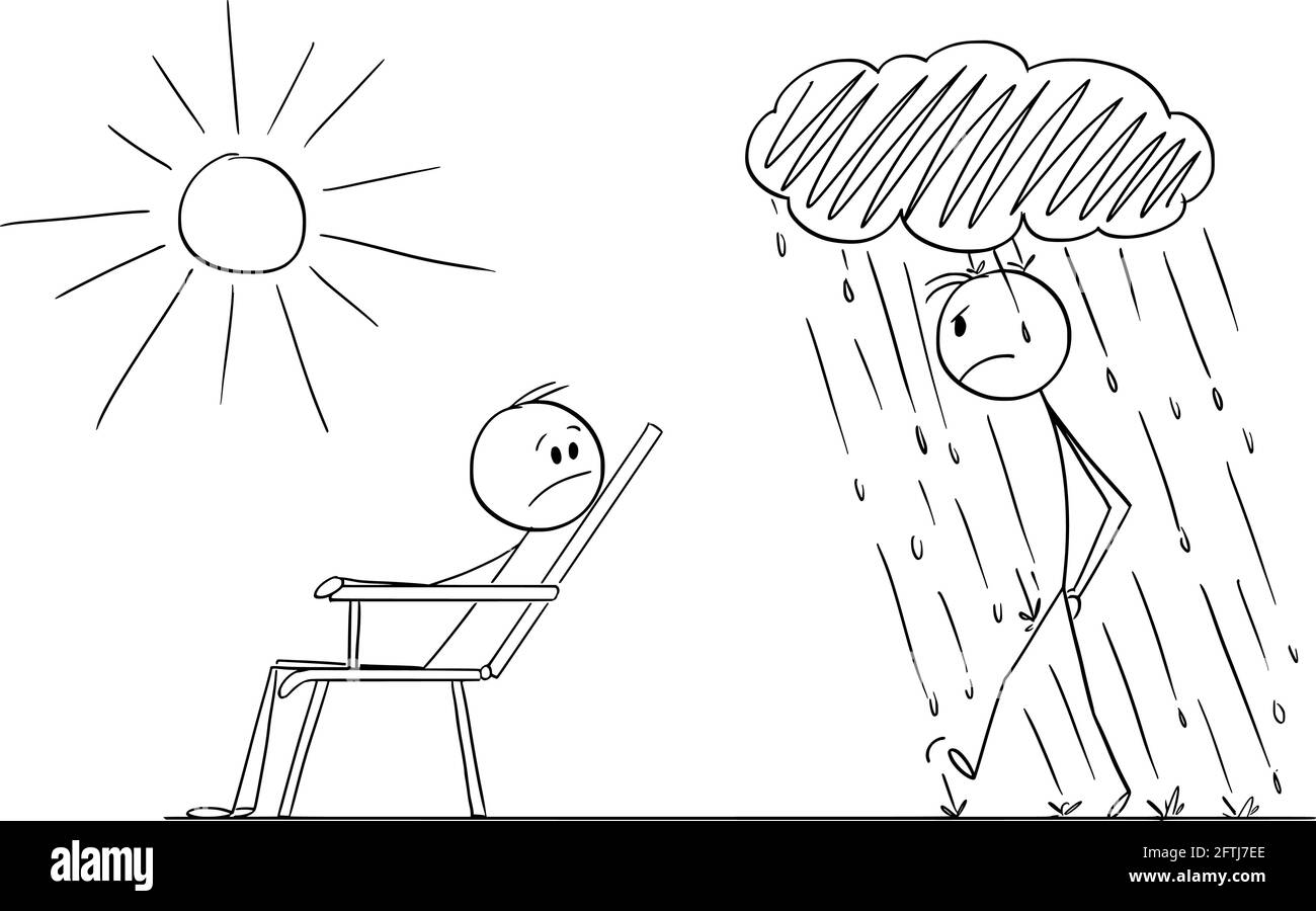 Der Mann genießt den schönen Tag und gute Laune und eine andere Person geht in schlechte Laune, Vektor Cartoon Stick Figur Illustration Stock Vektor