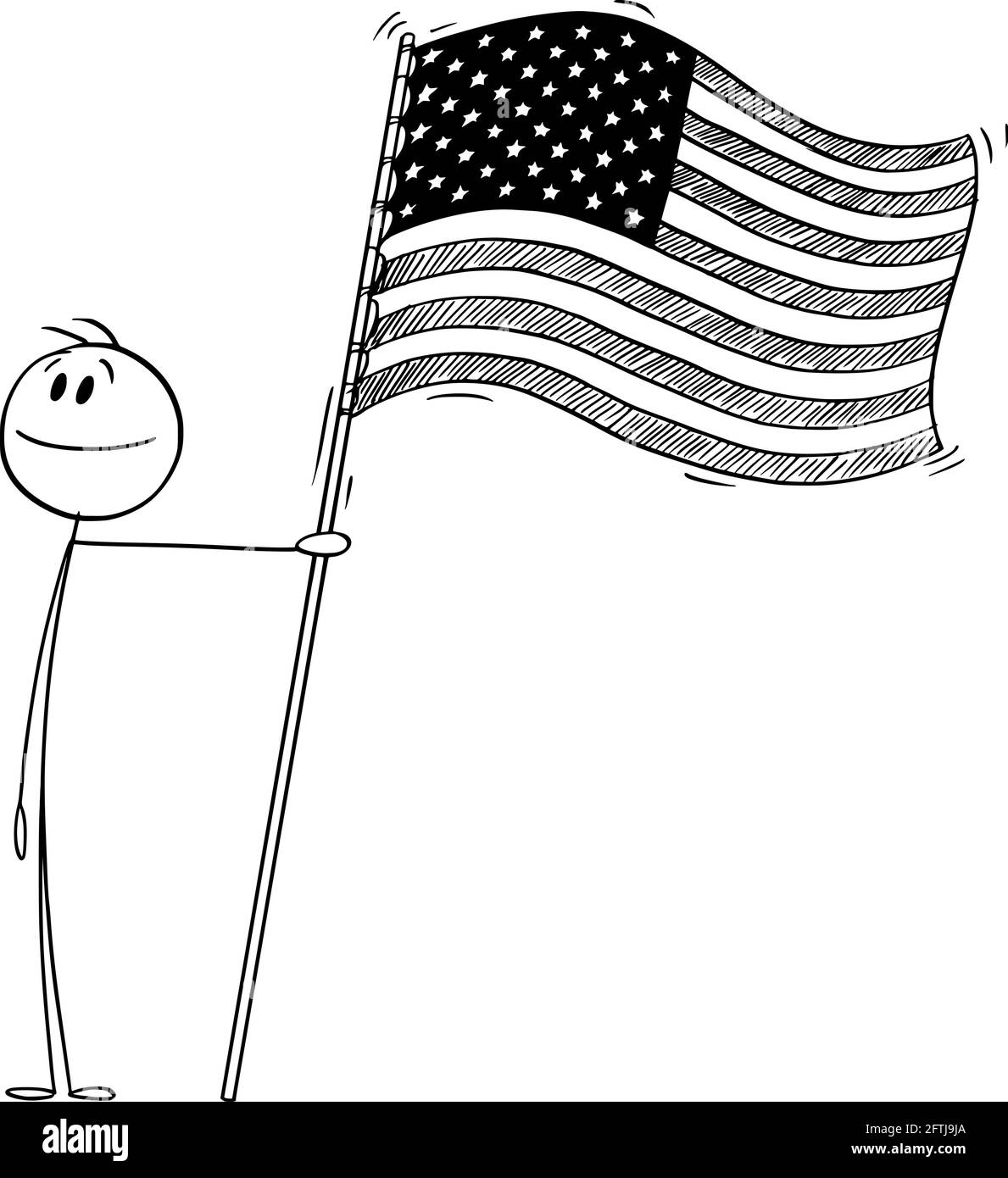 Stolze patriotische Person Holding Flagge der Vereinigten Staaten von Amerika, Vektor Cartoon Stick Abbildung Stock Vektor
