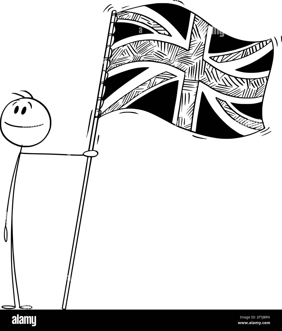 Stolze patriotische Person Holding Flagge des Vereinigten Königreichs von Großbritannien, Vektor Cartoon Stick Abbildung Stock Vektor