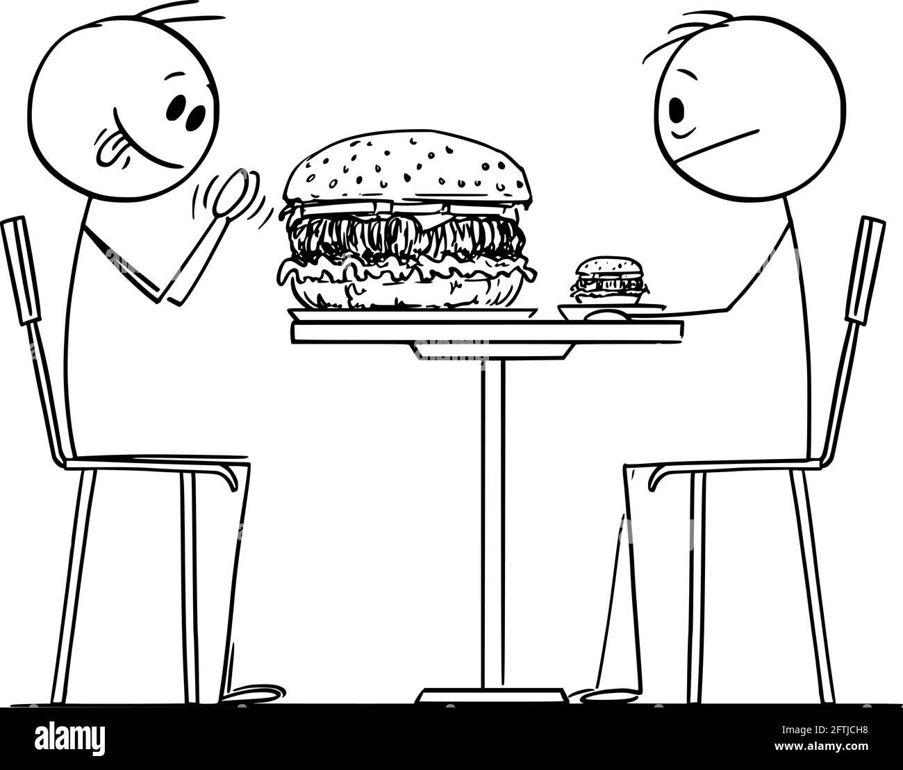 Person, die großen oder größeren Burger im Restaurant oder Fast Food genießt, Vektorgrafik Cartoon Stick Figure Illustration Stock Vektor