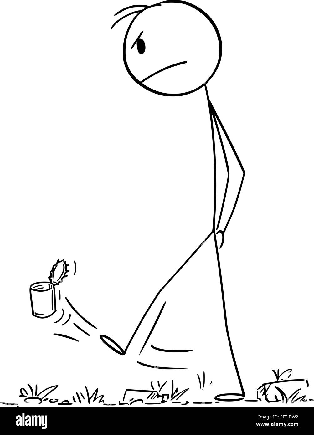 Wütend frustrierter Mann zu Fuß und tritt den Müll, Vektor Cartoon Stick Figur Illustration Stock Vektor