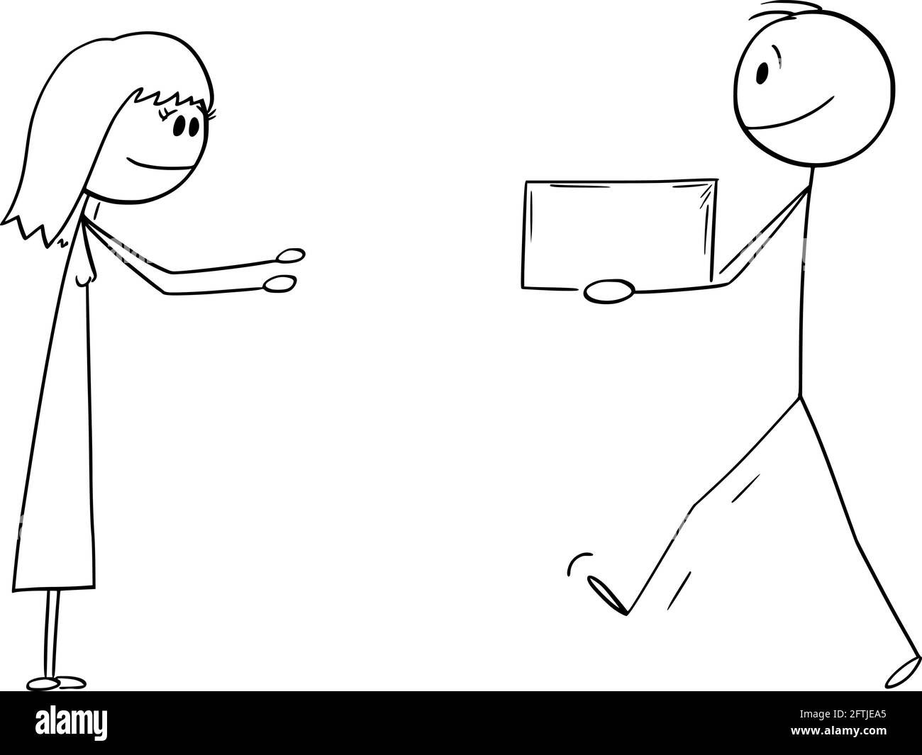 Mann oder Messenger Tragen oder Geben Box oder Geschenk an Frau, Vektor Cartoon Stick Figur Illustration Stock Vektor