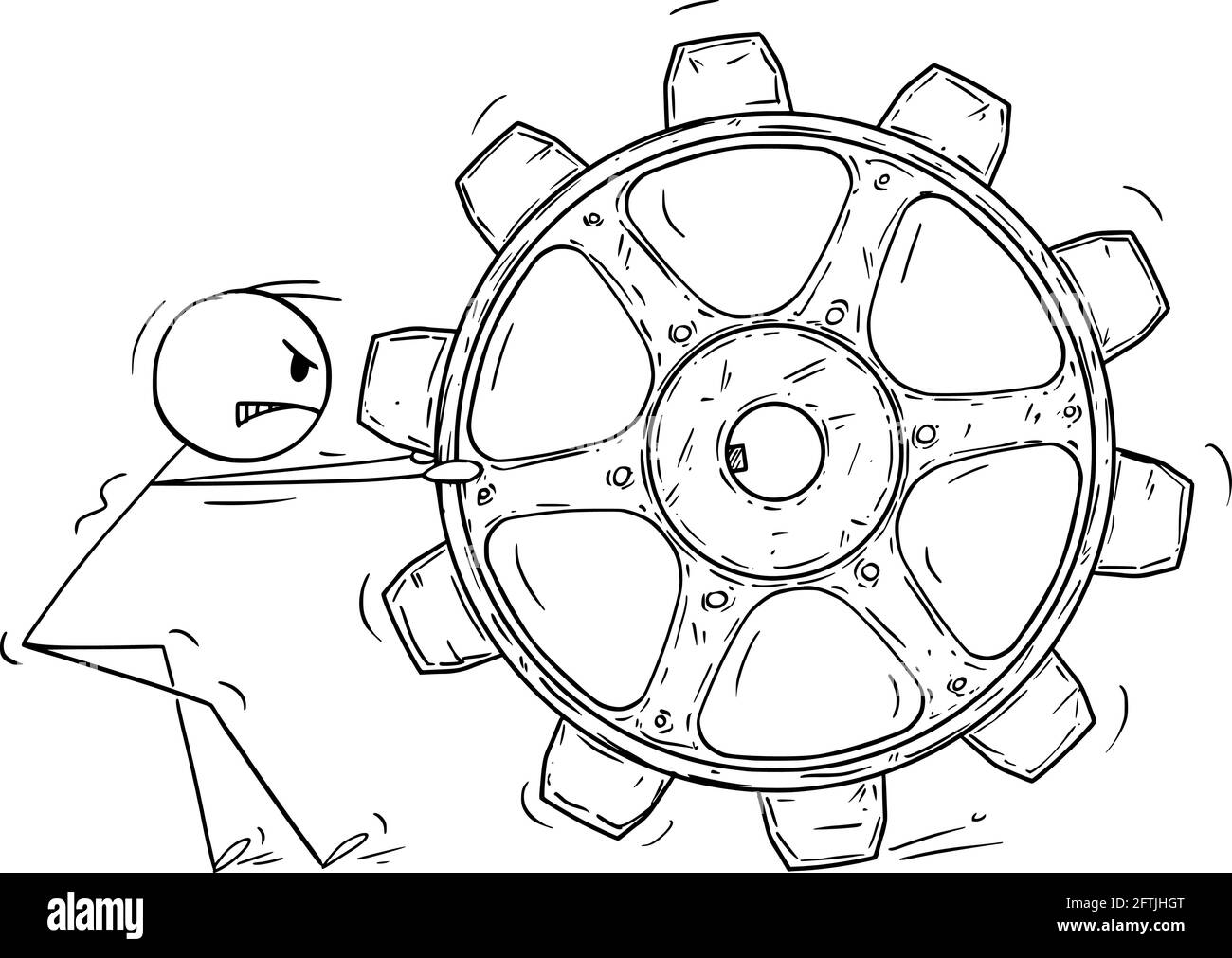 Person ziehen großes Zahnrad, Konzept der Problemlösung, Inspiration und Idee, Vektor Cartoon Stick Figur Illustration Stock Vektor