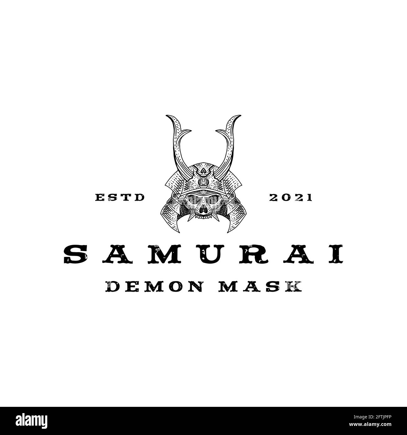 Handgezeichnetes japanisches Samurai Dämon Maske Logo Design im Vintage-Stil Stock Vektor