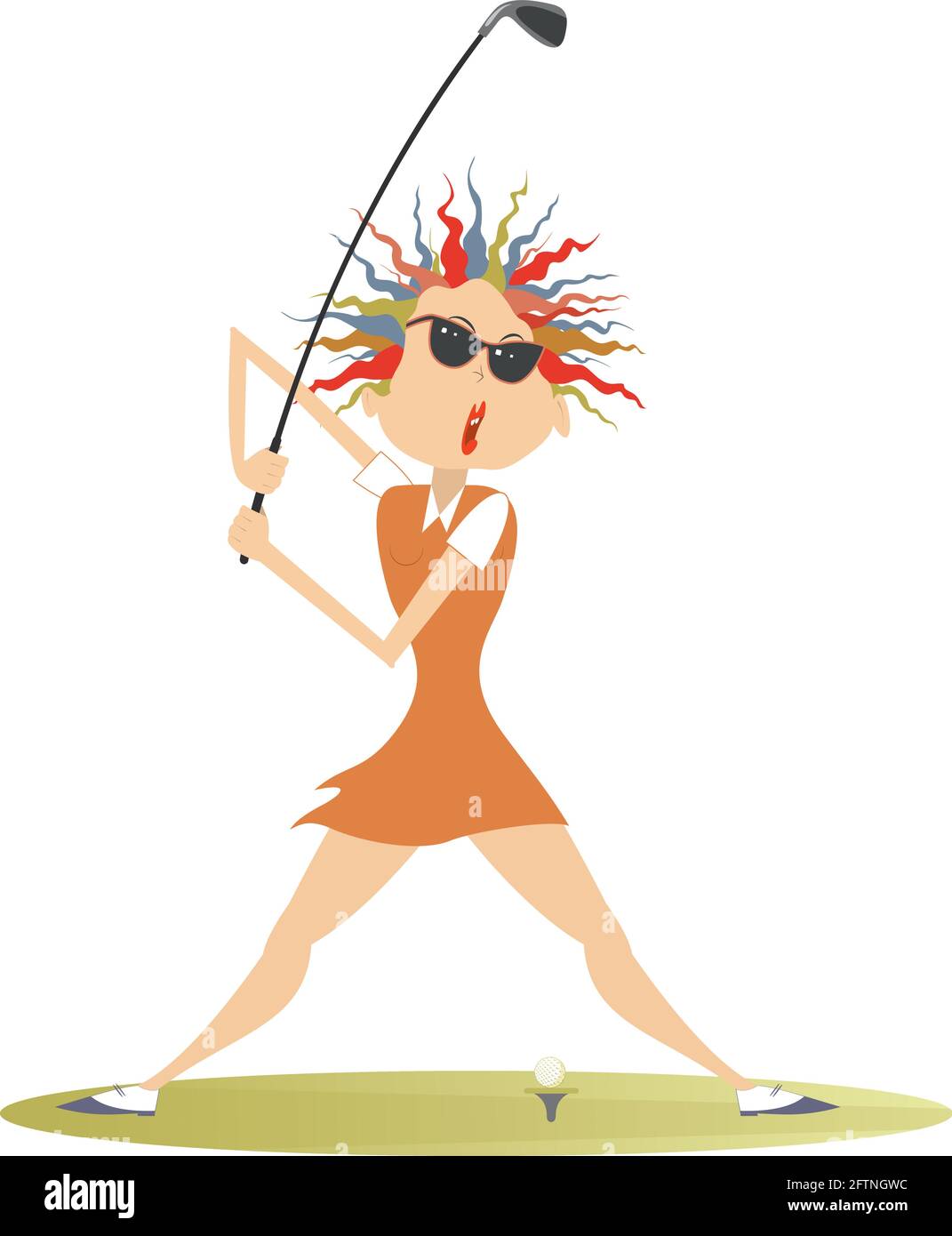 Junge Golferin Frau auf dem Golfplatz Illustration. Cartoon Golfer Frau in Sonnenbrille mit dem Ziel, einen guten Kick isoliert auf weiß zu tun Stock Vektor