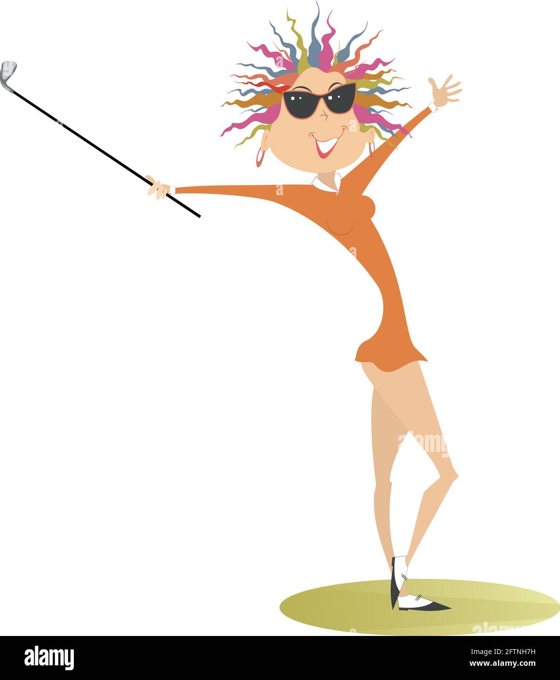 Junge Golfspielerin auf der Abbildung des Golfplatzes. Cartoon lächelnde Golferin Frau in Sonnenbrille hält einen Golfclub isoliert auf weiß Stock Vektor