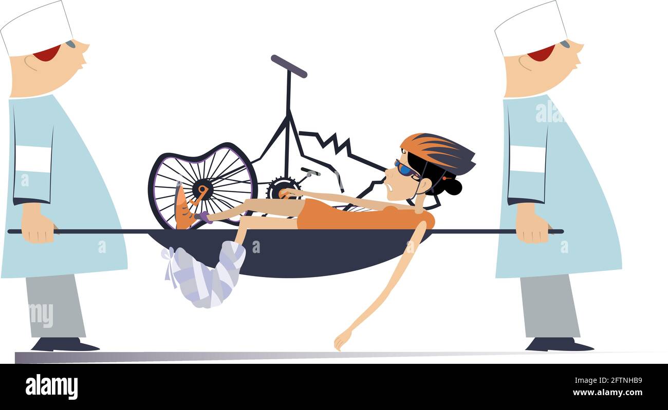 Zwei Hilfsmänner tragen eine verletzte Radfahrerin mit einem Verband am Bein und einem gebrochenen Fahrrad in einer auf Weiß isolierten Bahre Stock Vektor