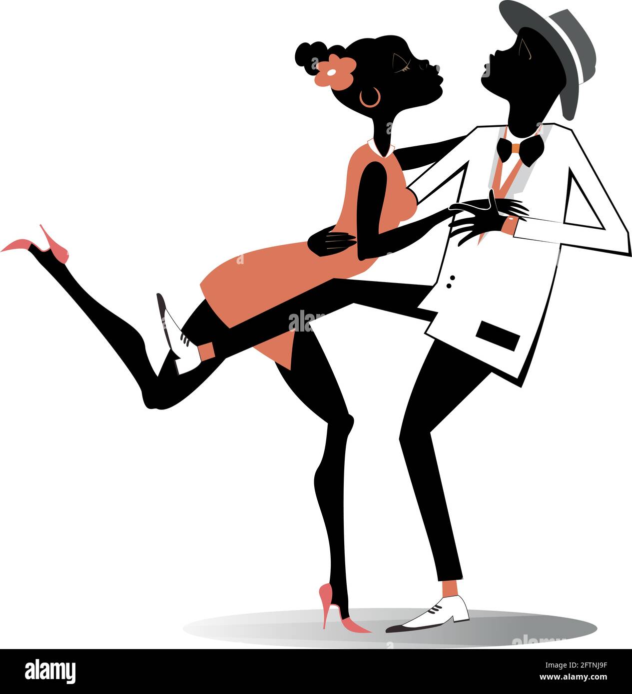 Romantisch tanzende junge afrikanische Paar isolierte Illustration. Lustig tanzender junger afrikanischer Mann und Frau isoliert auf Weiß Stock Vektor