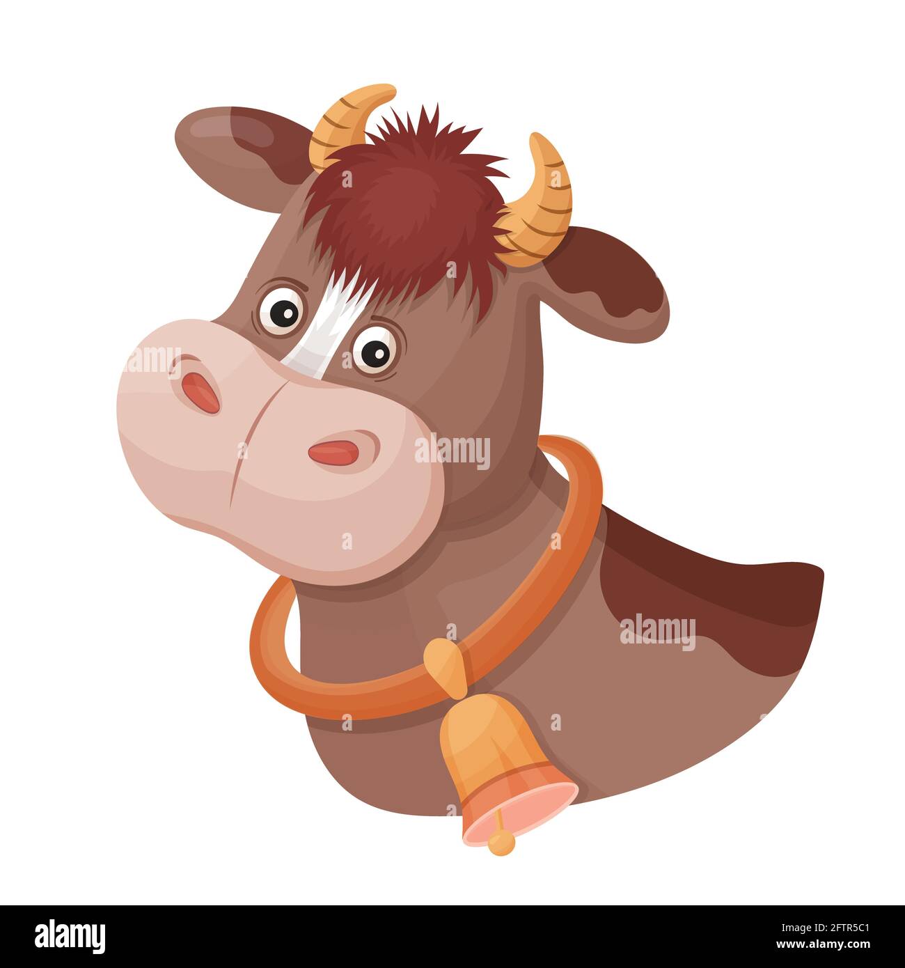 Lustige gefleckte Kuh mit Glocke am Hals. Tierkopf. Wadenbulle Gesicht Porträt mit Horn. Bauernmilch. Zeichentrickfigur für die Verpackung von Milchprodukten. Vektor Stock Vektor