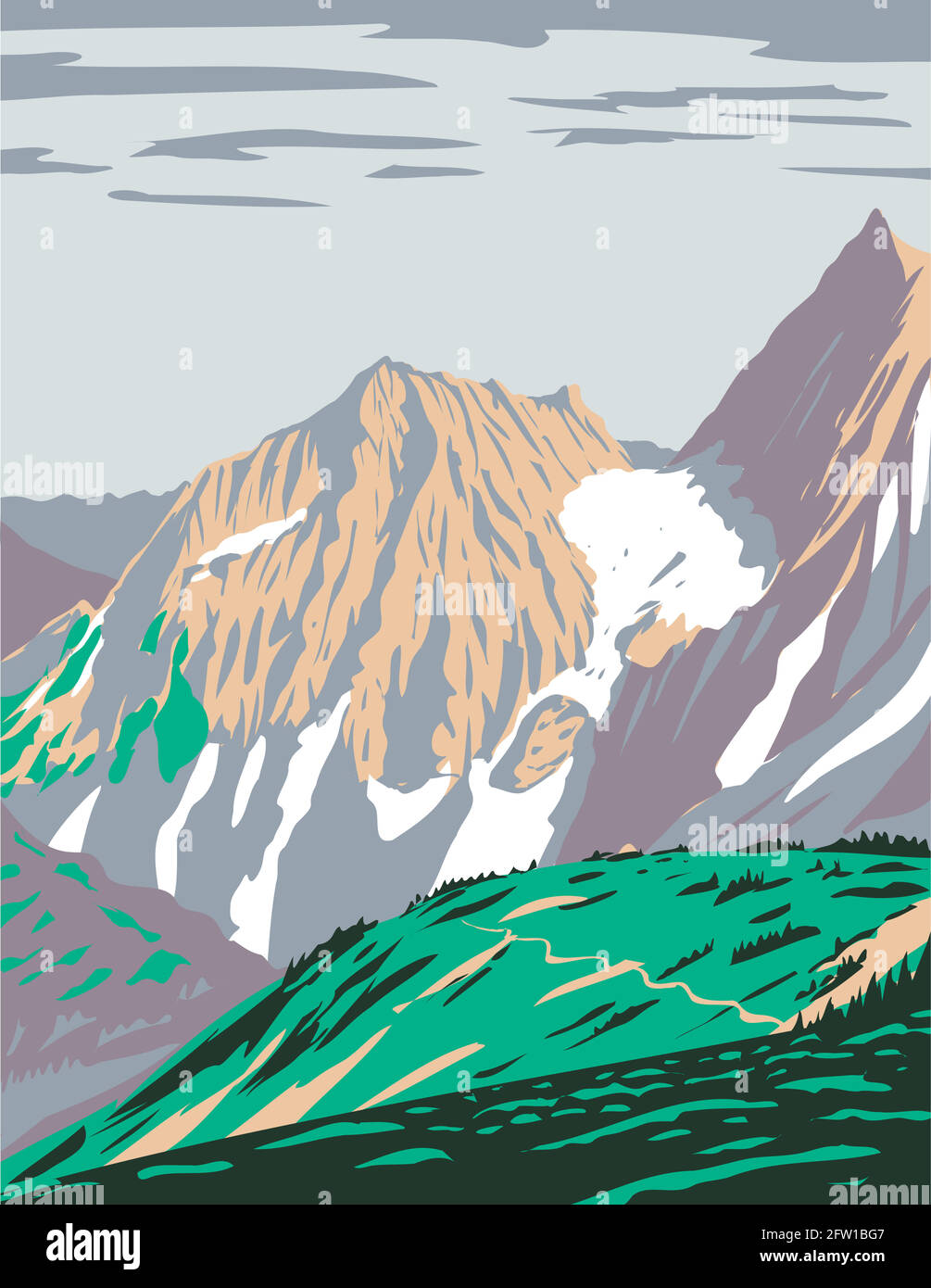 WPA Poster Art of Cascade Pass oder Skagit Pass mit Gähnender Gletscher über der nördlichen Cascade Range im Norden Cascades National Park in Washi Stock Vektor