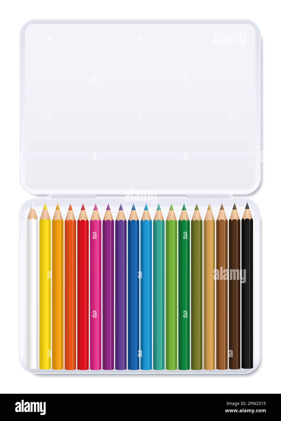 Farbstift in einer weißen Metallbox, sortiert nach Farbe - Illustration auf weißem Hintergrund. Stockfoto
