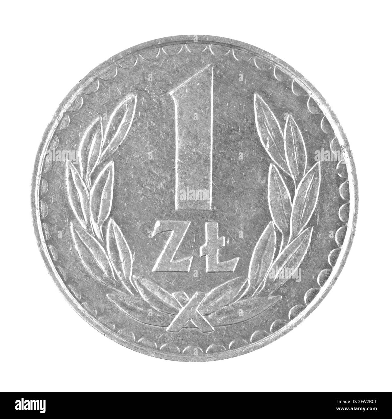 Eine 1 Zloty polnische Geldmünze isoliert auf einem weißen Hintergrundbild Stockfoto