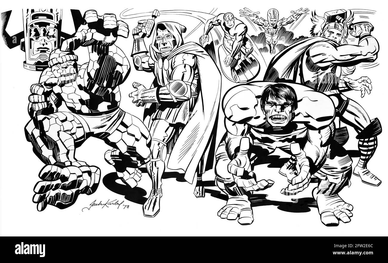Superhelden - 1978 Jack Kirby's Zeichnung - Marvel Comics - Silver Surfer, dr Doom, Captain america, Fantastic 4, hulk, thor, galactus, das Ding Stockfoto