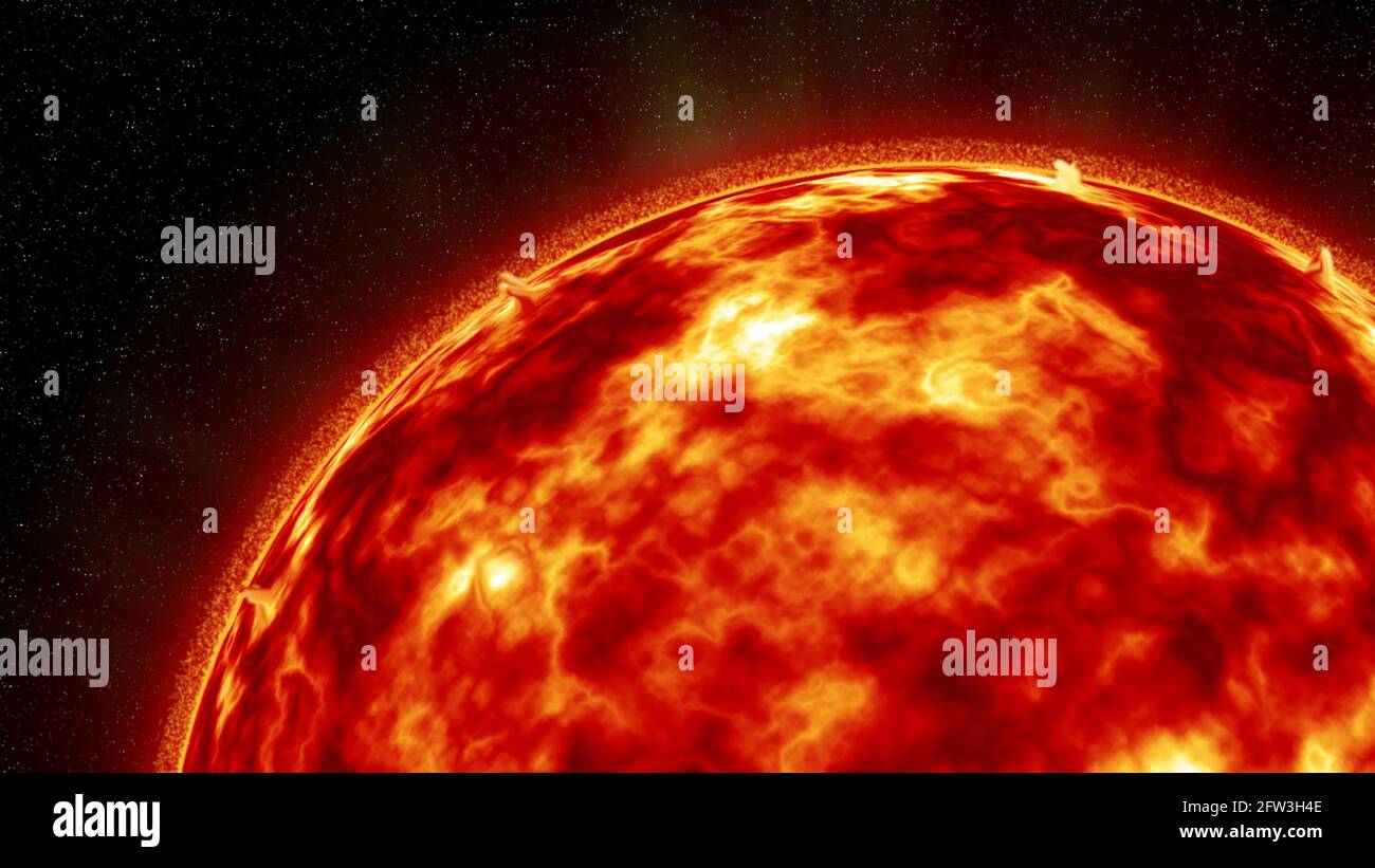 Rote riesige brennende Sonne im Weltraum, Galaxie Stockfoto