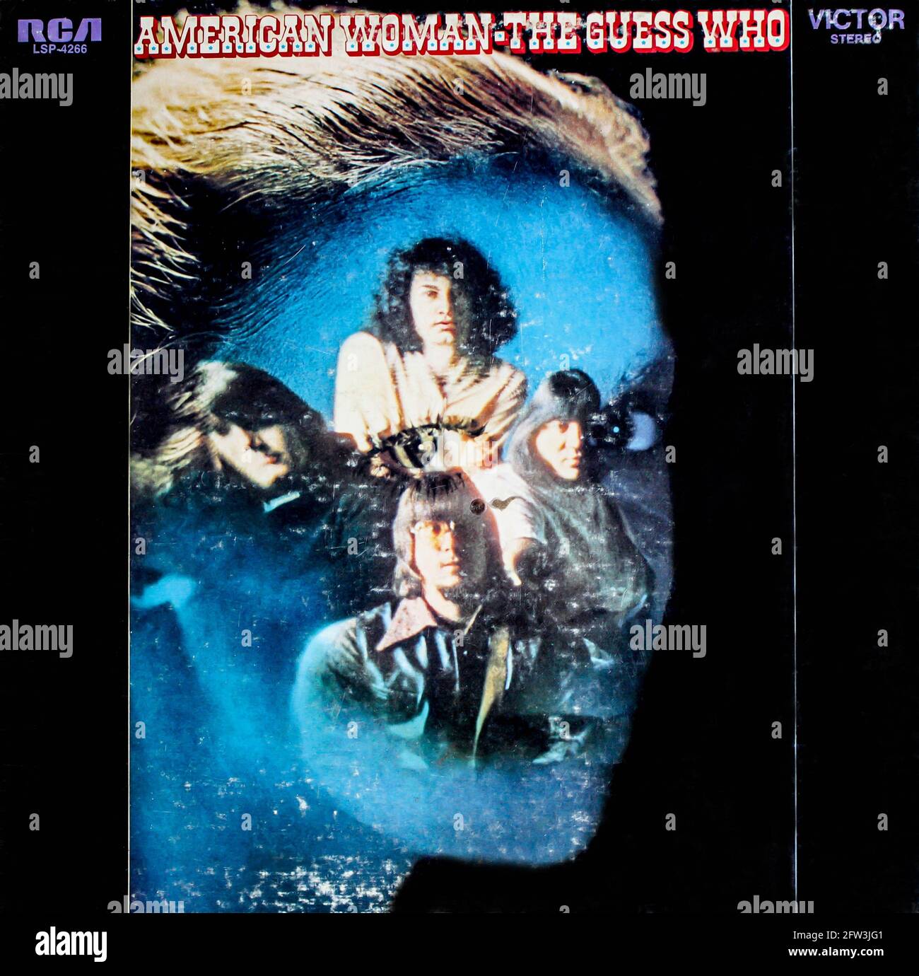 Psychedelischer Rock und Hard Rock Band, The Guess Who Musikalbum auf Vinyl LP Disc. Titel: American Woman Album Cover Stockfoto