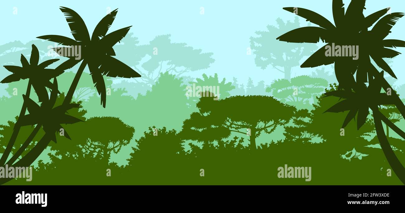 Palmen. Dschungelsilhouette. Regenwald. Panorama nebligen Morgen-oder Abendlandschaft. Dichter tropischer Wald mit exotischen Bäumen. Vektorgrafiken Stock Vektor