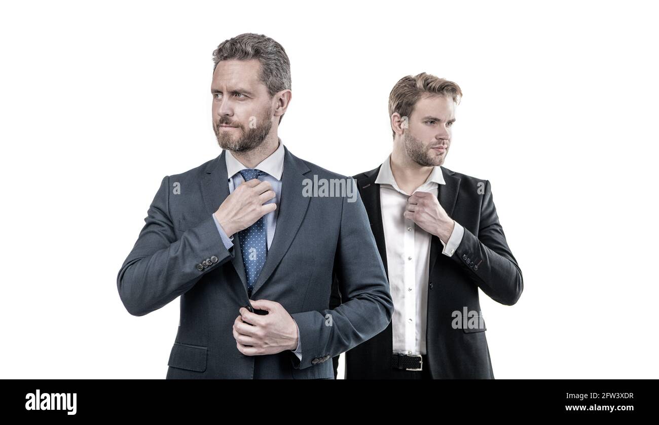 Zwei Geschäftsleute in formellem Anzug, isoliert auf weißer Mode Stockfoto