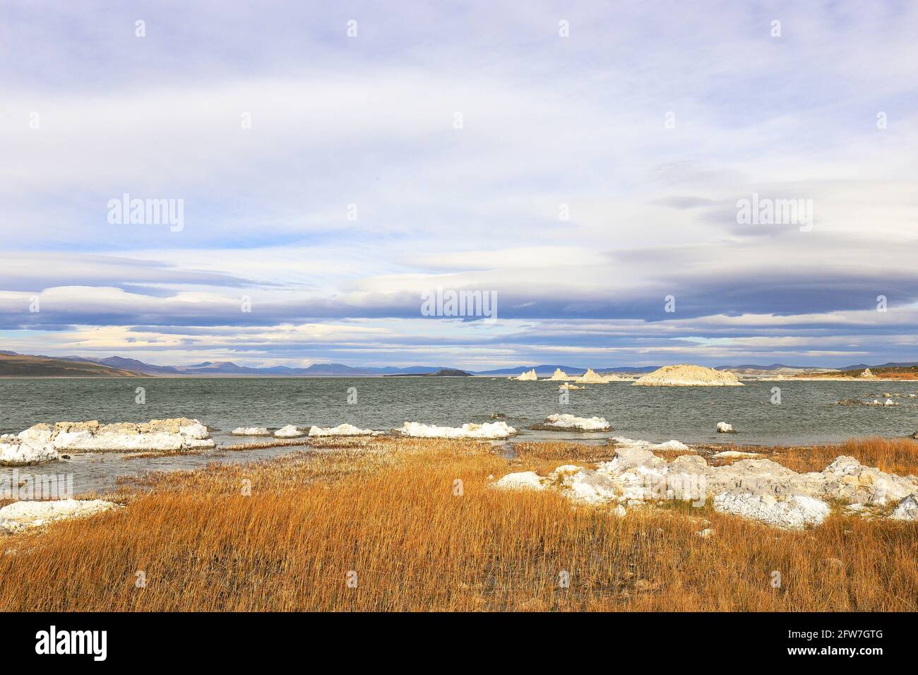 Kleine und große Inseln aus Tuffstein, einige davon fast wie ein Schneehaufen, am Mono Lake, Kalifornien Stockfoto