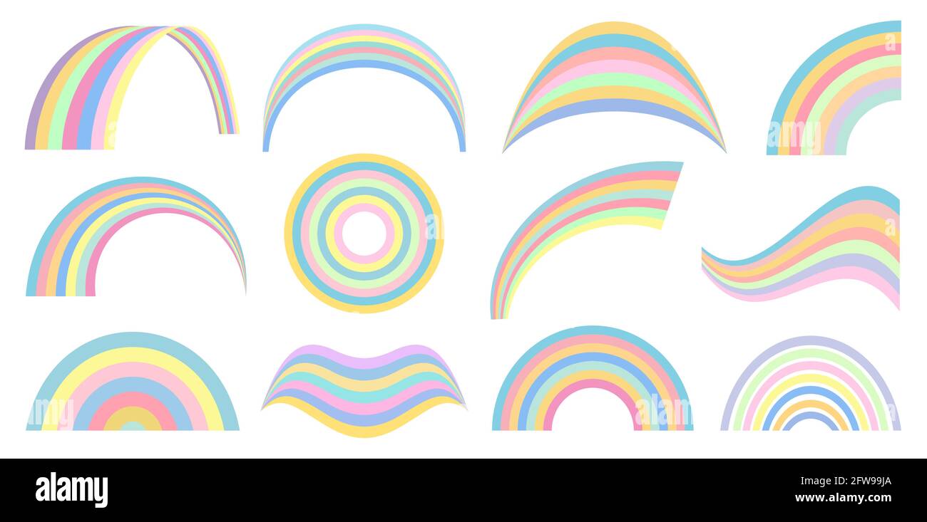 Pastellfarbene Regenbögen zur Gestaltung und Dekoration eines Kinderzimmers, für Notizbücher, Geschirr, Stoffe, Textilien. Weiche, angenehme Farben für den Druck auf Kleidung. Verschiedene Formen.Wetterelement Stock Vektor