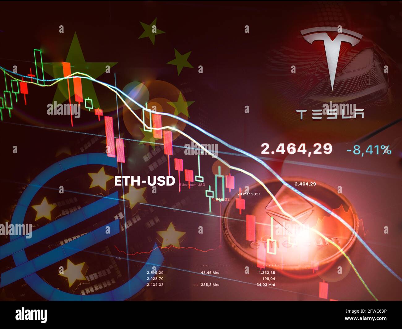 NEW YORK, USA-MAT 21 ,2021: ethereum verlor gegenüber dem Dollar mehr als 30%, nachdem die chinesische Regierung, bce und Elon Musk tesla einmal negative Aussichten hatten Stockfoto