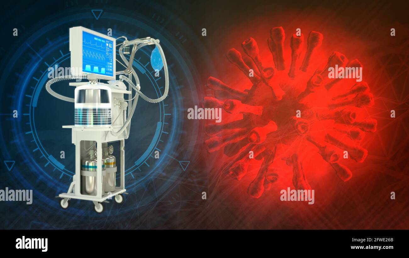 cg Medicine 3D Illustration, ITS-Lungenventilator mit Covid Stockfoto
