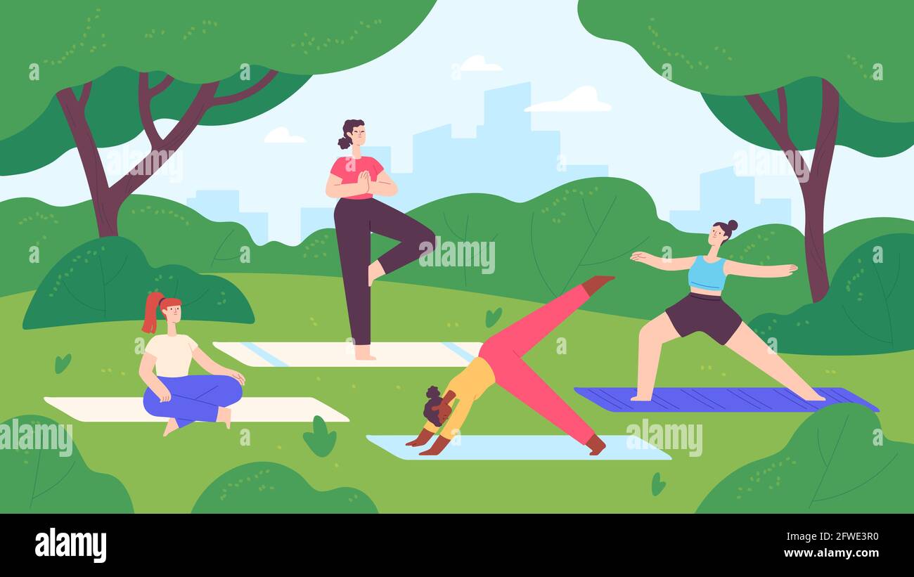 Yoga im Stadtpark. Eine Gruppe von Frauen macht Bewegung und Meditation in der Naturlandschaft. Outdoor-Fitness-Unterricht, gesundes Lifestyle-Vektor-Konzept Stock Vektor