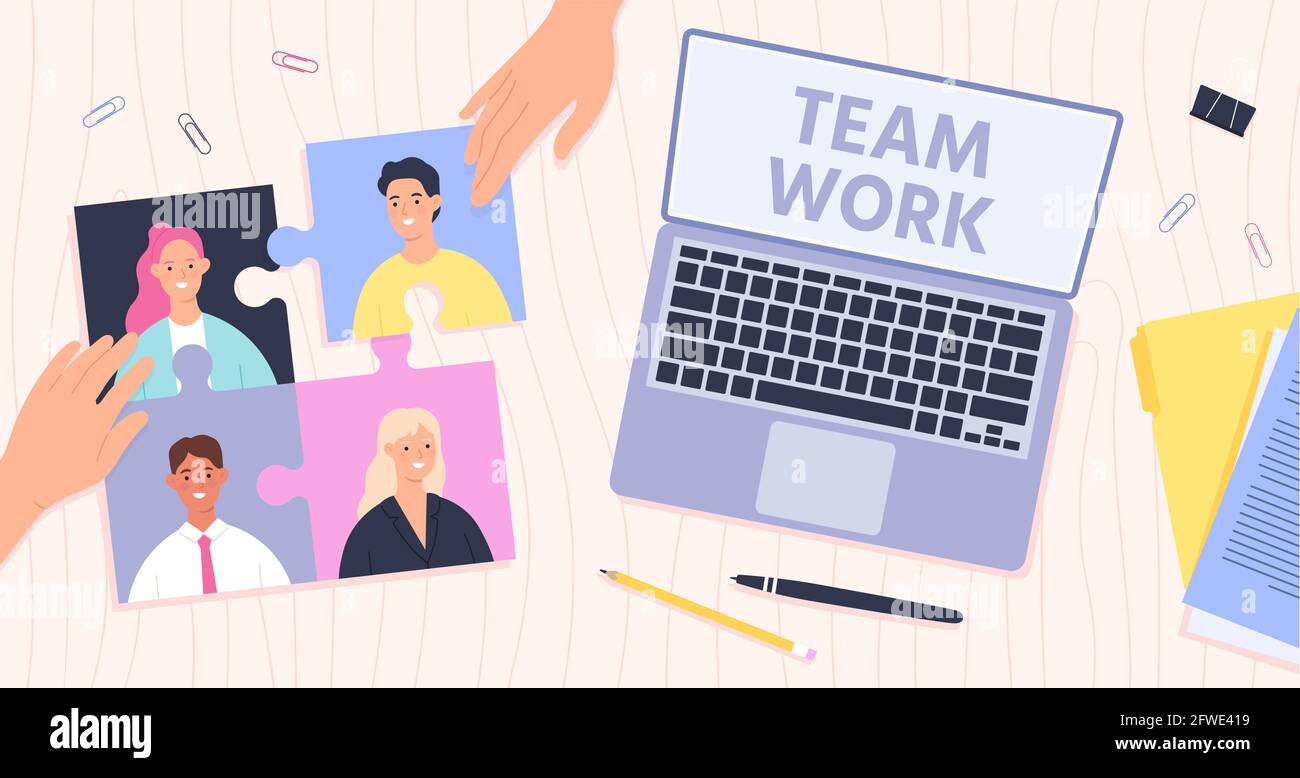 Teamwork-Management. Leader Connect Mitarbeiter für effektive Teamarbeit. Büroschreibtisch Draufsicht, Hände und Puzzle mit Arbeitern, Vektorkonzept Stock Vektor