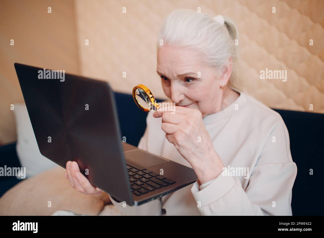 Ältere Frau Großmutter lernt zu Hause auf Laptop-Computer und Internet mit Lupe arbeiten. Stockfoto