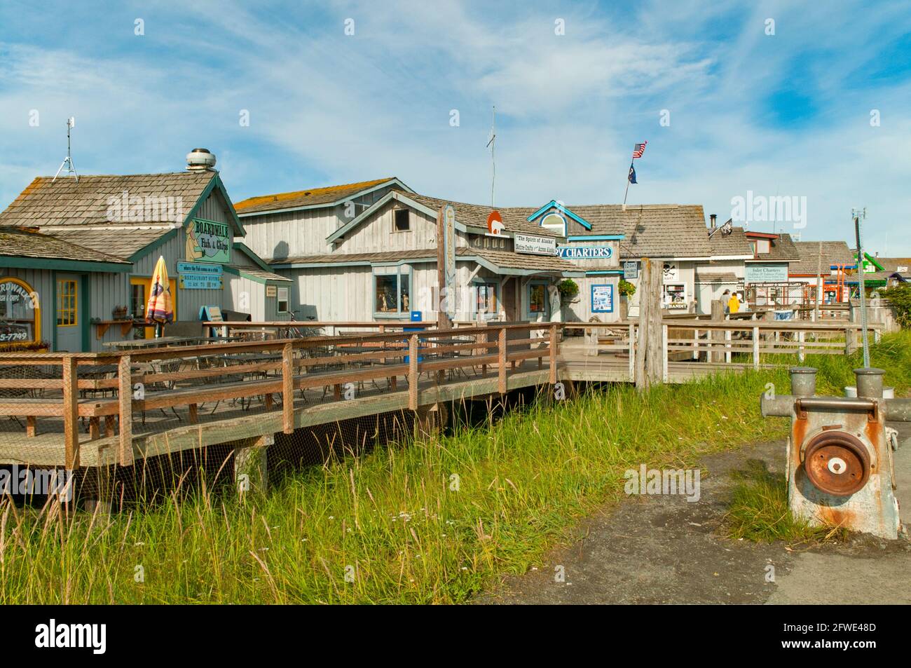 Boardwalk Gebäude, Homer Spit, Homer, Alaska, USA Stockfoto