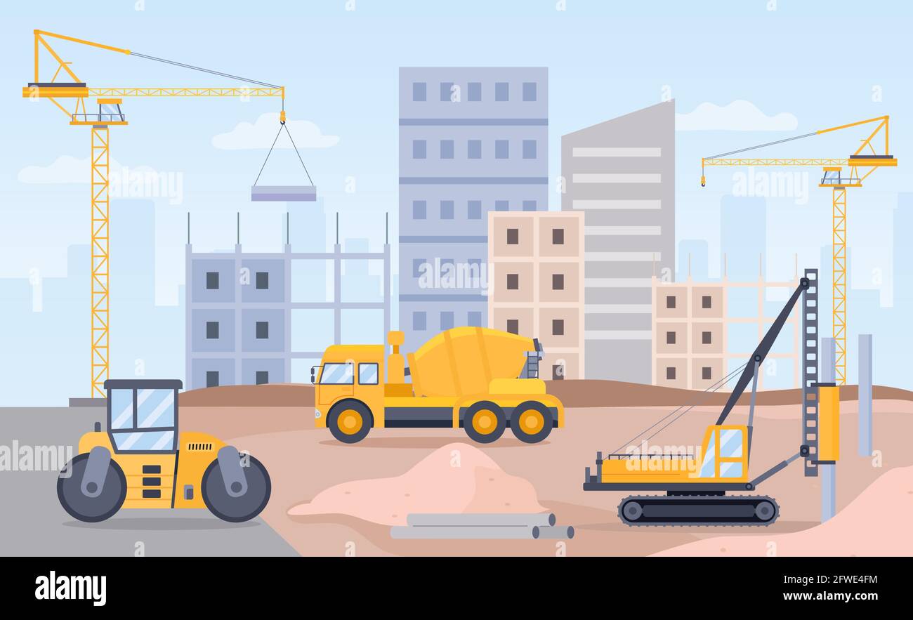 Baustelle. Landschaft des Bauprozesses mit Kran, Bulldozer, Bagger und Betonmischer Maschine. City Build Flat Vector Konzept Stock Vektor