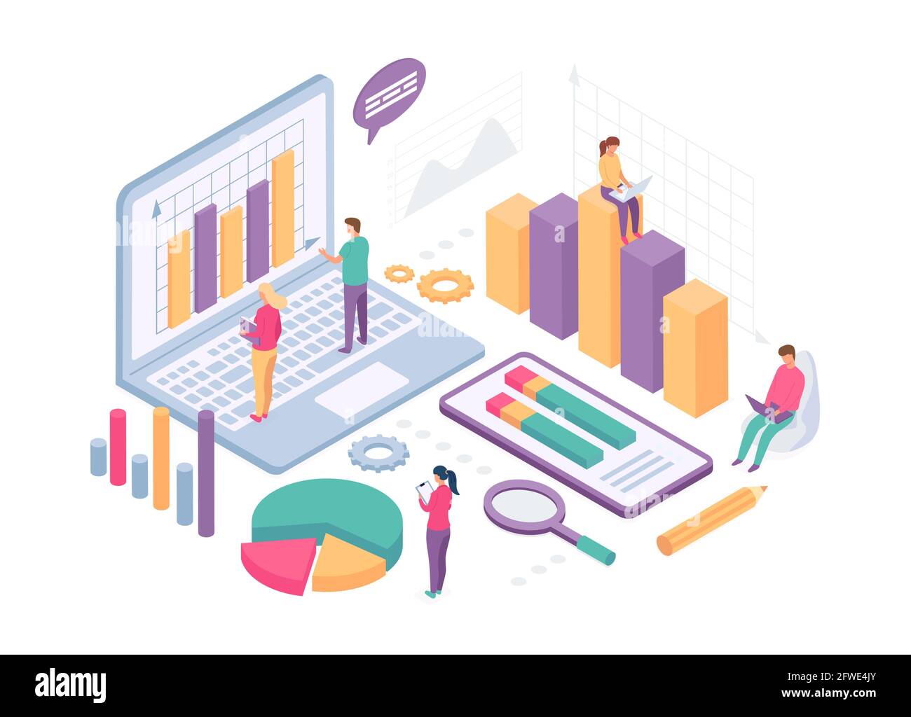 Isometrische Geschäftsanalyse. Die Menschen arbeiten mit Datendiagrammen, Statistikdiagrammen und Metriken auf dem Computerbildschirm. Vektorkonzept Finanzanalyse Stock Vektor